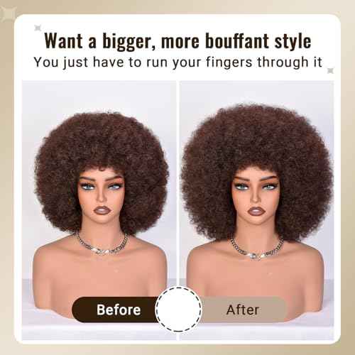 Afro Wigs for Black Women 70s Afro Kinky Curly Wig with Bangs Bouncy Huge Fluffy Puff Wigs Synthetic Hair for Cosplay Daily and Party 14Inch