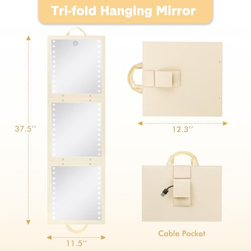 Fabuday Foldable Full Body Length Mirror with Light for Travel - Lighted Rechargeable Trifold Hanging Long Mirror, Folding Portable Tall Mirrors for Camping, RV, Dance, Dressing, Over The Door