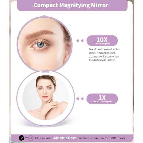 WOBSION Travel Compact Mirror,Portable 1x/10x LED Makeup Mirror with Magnification,Handheld 2-Sided Pocket Mirror, 3.5in Small Mirror for Purse,Handbag,Gift,Purple