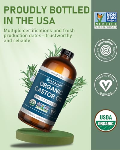 Florisan Organic Castor Oil 16oz - Cold Pressed, USDA Certified