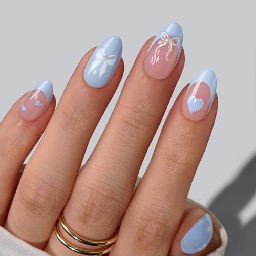 BTArtbox Press On Nails Short Almond Blue French Tips 32Ct