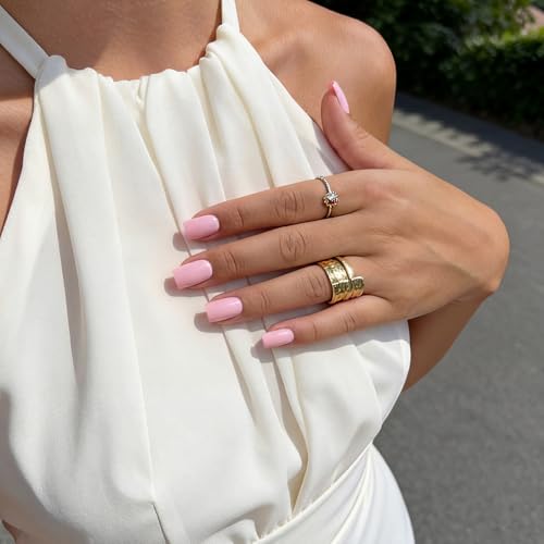 BTArtbox Press On Nails Short Square Pink Yellow 32Ct