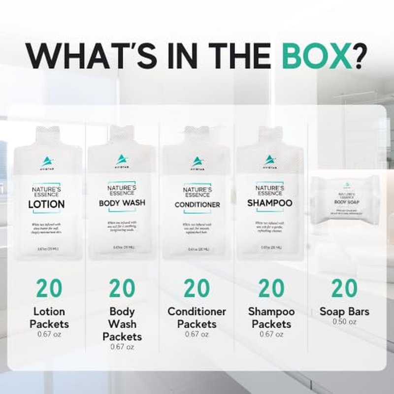 100 Hotel Toiletries Bulk Set - Shampoo, Conditioner & Soap