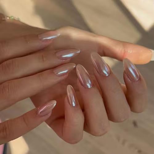 Modelones Pink Chrome Press On Nails Short Almond 32Pcs A4-Pink Chrome