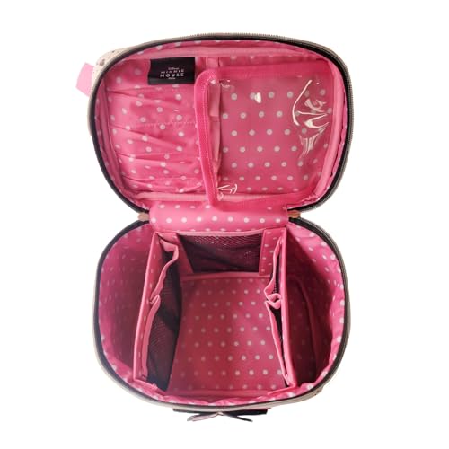 Impressions Vanity Minnie Mouse Makeup Case Organizer with Durable Faux Leather Design, Polka Dot Bow, and Adjustable Dividers, Perfect for Travel Cosmetic Bags for Women (Pink)