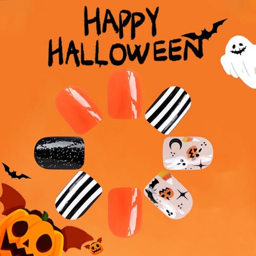 24Pcs Halloween Nails,Short Press on Nails Square Fake Nails Dark Purple False Nails Glitter Stick on False Nails Set, Reusable Glue on Nails for Women Girls Gift