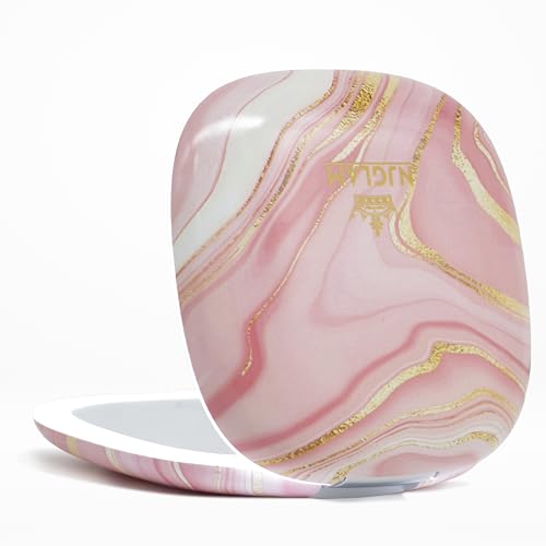 Lighted Makeup Compact Mirror, 3.9 Inch ? 1x/10x Magnification Portable, LED ? Auto Light On/Off - USB Charging, (Blush Marble)