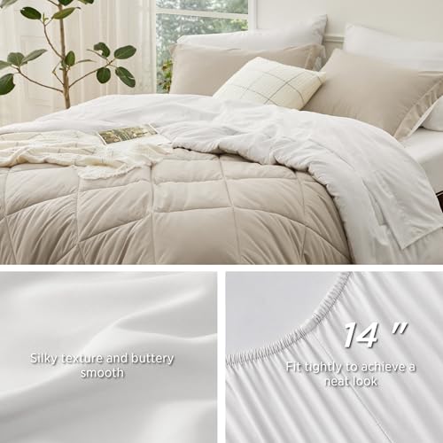 Bedsure Beige and White Twin Comforter Set - 5 Pieces Reversible Twin Bed in a Bag, Twin Bed Set Beige and White with Comforters, Sheets, Pillowcase & Sham