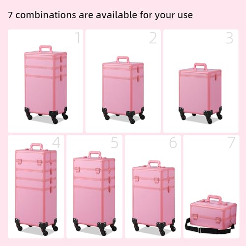 Somduy Rolling Makeup Train Case with Detachable Compartments, Pink