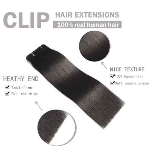Clips in Hair Extensions Human Hair AILICEEHR Seamless Human Hair Clips in Hair Extensions Natural Black 90g 18inch 8pcs Double Weft Thick Straight.