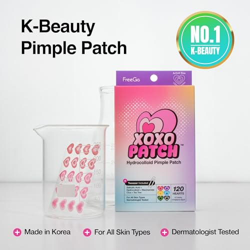 FreeGo XOXO Hydrocolloid Pimple Patch, 120 Counts | Cute Colorful Heart Shape | Salicylic Acid, Niacinamide, CICA, Tea Tree, Eucalyptus | Absorb, Heal Pimple and Protect Skin | Made in Korea