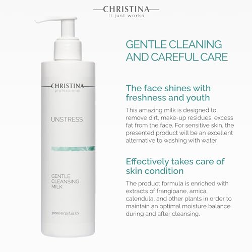 Christina Unstress Soap-Free Gentle Cleansing Milk Makeup Remover for Face & Eyes - 300 ml - Calendula, Vitamin E and Centheal Soap-Free Cleanser - Safe for All Skin Types