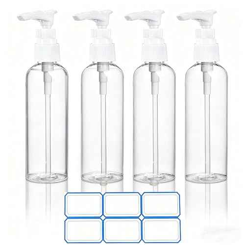 4 Pack 3.4 Oz (100ml) TSA Approved Travel Pump Bottles for Toiletries Clear Travel Size Bottles Leak Proof with Labels