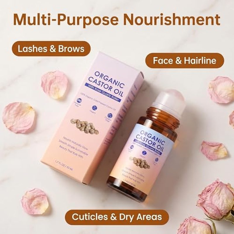 Organic Castor Oil Roll-On with Rose Quartz Roller - 100% Pure Moisturizer for Face, Hair & Eyebrows
