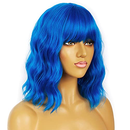 LANCAINI Short Bob Wavy Wig with Bangs for Women Loose Curly Shoulder Length Synthetic Cosplay Wig Bob for Girl Colorful Costume Wigs (Blue)