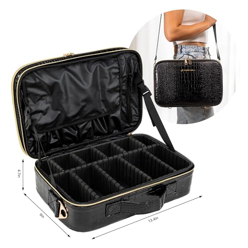 Carrywell Makeup Bag Travel Case, Not-Made In China, Hard Train Case for Cosmetics, Portable Beauty Artists Organizer, Storage Box With Adjustable Dividers For Make Up and Brushes, Medium Crocodile