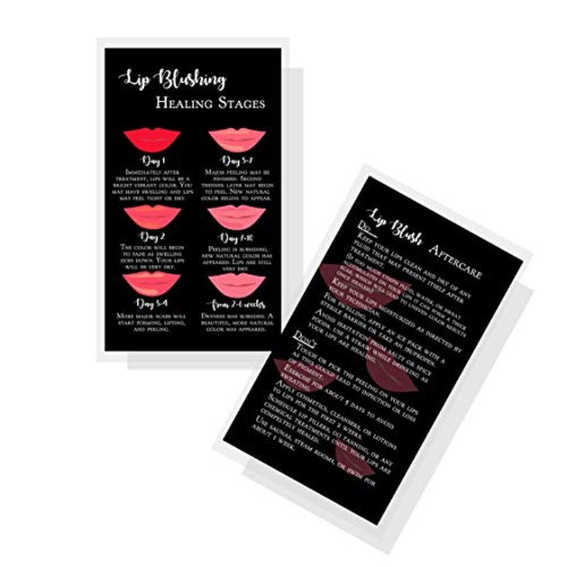 Boutique Marketing LLC Lip Blush Stages of Healing & Aftercare Instructions Cards | Package of 50 | Double Sided Size 2 x 3.5 inches Business Card | Black with Red Lips Design