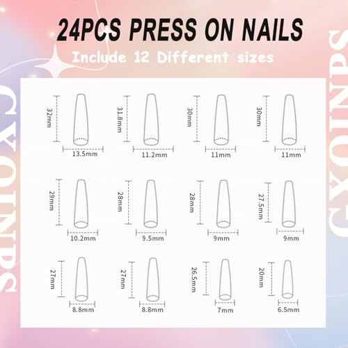 French Tip Press on Nails Long Coffin Fake Nails Flowers Glue on Nails Light Purple Full Cover Acrylic Nails Matte False Nails with Rhinestones Designs Glitter & Cute Stick on Nails for Women 24Pcs