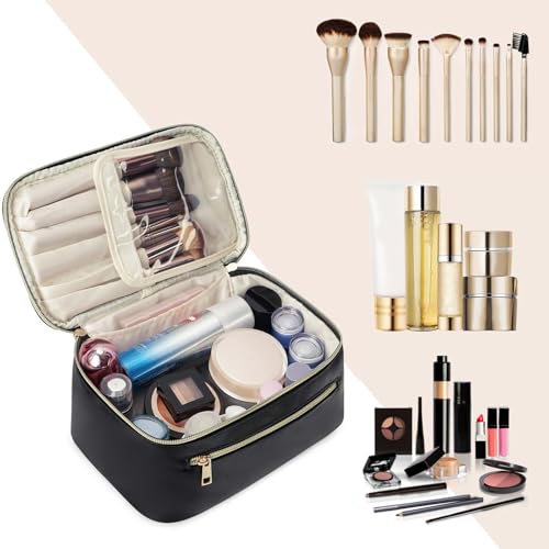 Vegan Leather Makeup Bag with Brush Organizer & Handle