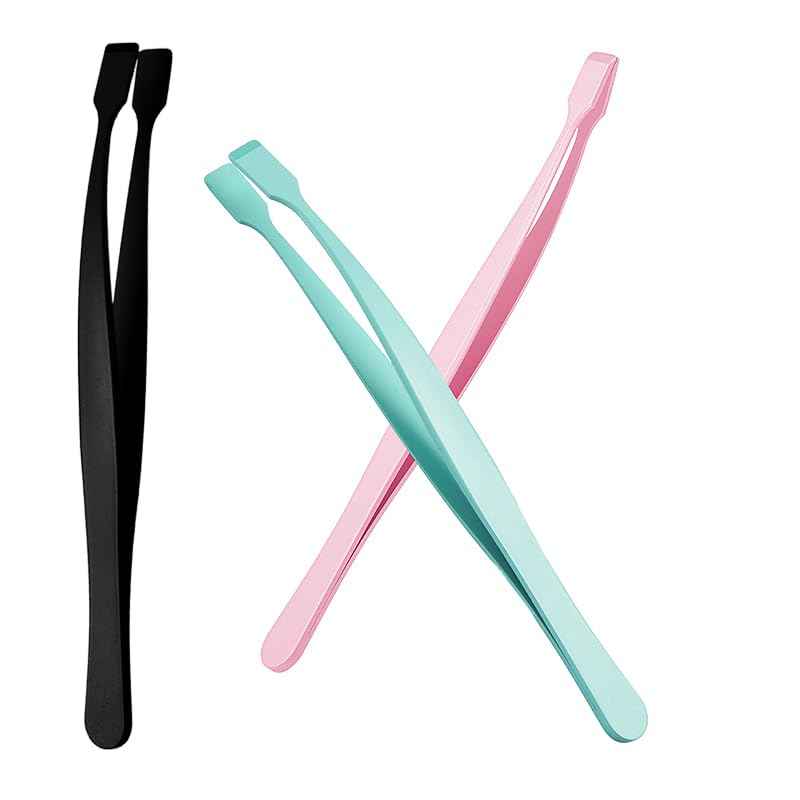 Lash Tweezers for Eyelash Extensions 3Pcs Lash Applicator Tools Stainless Steel DIY Eyelash Extensions Wisp Application Eyelash Tweezers for Lower Lashes Extensions (Black,Pink,Green)