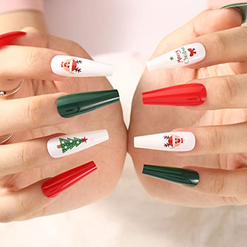 Uranian Coffin Extra Long Press on Nails Snowflake Red Christmas Fake Nails Elk Ballerina Glossy Full Cover False Nails Santa Claus Acrylic Nails Tips for Women and Girls 30 PCS (Pattern-A)