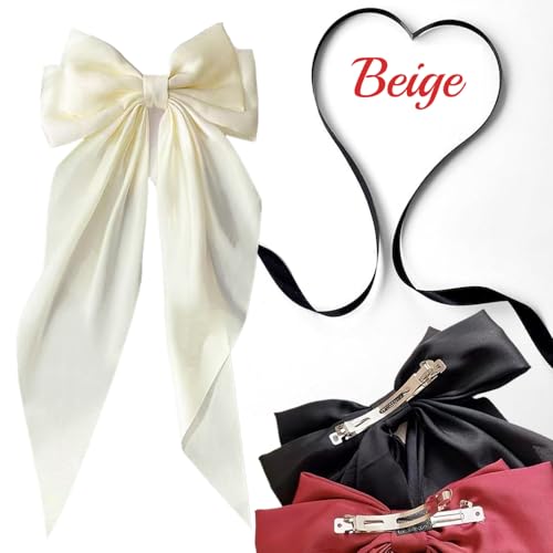 Large Bow Hair Clips with Bowknot Tassels: 3 Pcs Hair Barrettes for Women and Girls (Black, Pink, Beige)