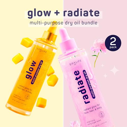 SpaLife Beauty Radiate & Glow Shimmer Oil Bundle ? Dry Oil Duo with Subtle & Noticeable Shimmer ? Mango & Peony Scents ? Hydrating, Lightweight Moisture