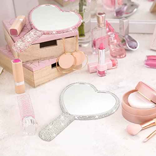 Tatuo 2 Pcs Rhinestone Mirror Handheld Bling Heart Lip Shaped Hand Mirror Glitter Cosmetic with Handle Portable Cute Travel Makeup Lash for Women (Pink and White)