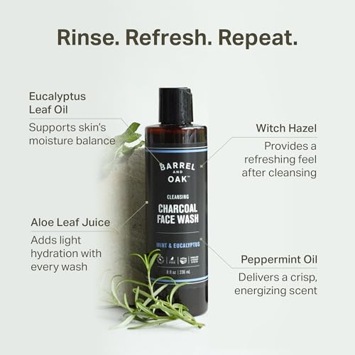 Barrel & Oak Mint & Eucalyptus Body Care Set, Charcoal Face Wash, Shampoo and Conditioner Set for Men, Cleansing Grooming Kit, Vegan Gifts for Men, 3-Pack