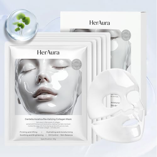 Centella Asiatica Hydrating Collagen Hydrogel Mask 5-Pack - Soothing and Firming Face Mask with Niacinamide, Vitamin C and 200Da Bio-Collagen for Sensitive Skin, 30g Each