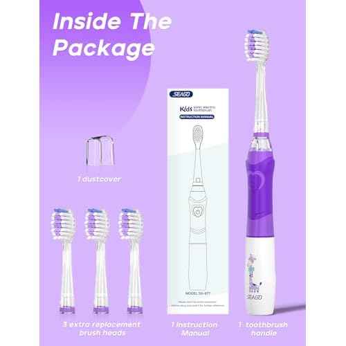 SEAGO Kids Electric Toothbrush with 2 Mins Brushing Timer and 4 Replacement Bursh Heads,Rainbow LED Light Make Brushing Fun, Purple Color Girls Battery Powerd Toothbrush for 4-12 Years Old£¬SG-977