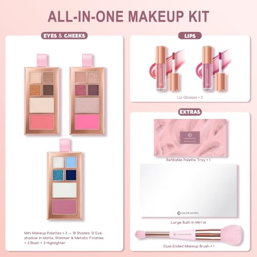 Color Nymph Peach Teen Makeup Kit - All-in-One Beginners Set w/ 3 Palettes, 2 Lip Glosses & Mirror