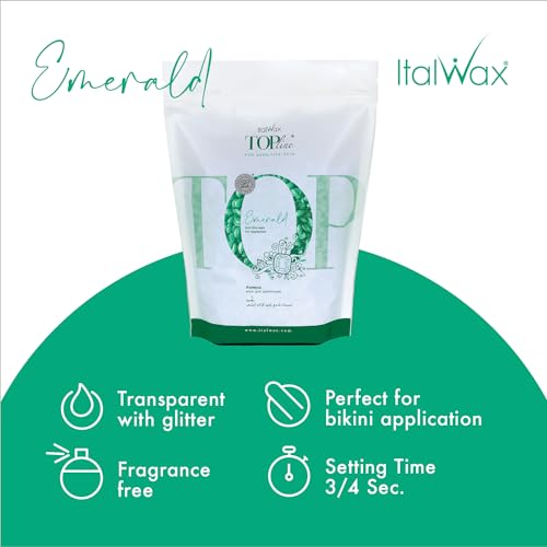Italwax Top Line Emerald Hard Wax Beads 1.65 lb (750 g) ? Ultra-Flexible Unscented Jelly Wax for Large Areas, Thin-Layer Application for Arms & Legs, Professional Use ? Made in Italy