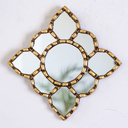 Small Gold Mirror Wall Decorative | Square Accent Mirrors for Wall Decor Bedroom Living Room | Diamond Bronze Leaf Wood Wall Mirror from Peru