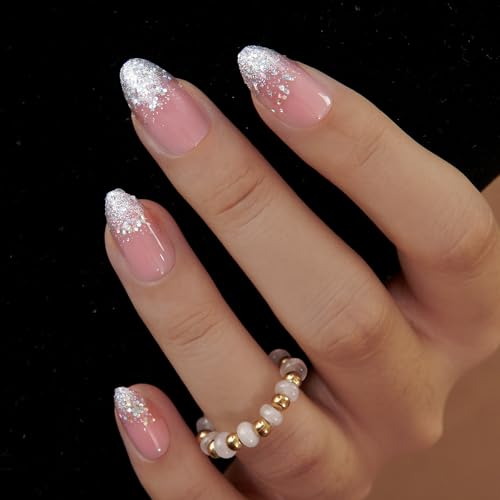 CurvLife Medium Almond Glitter Press-On Nails - Apricot Pink Sparkle, Long-Lasting Gel Finish