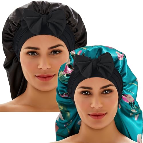 Silk Bonnet for Sleeping - 2 Pc Satin Sleep Cap for Braids