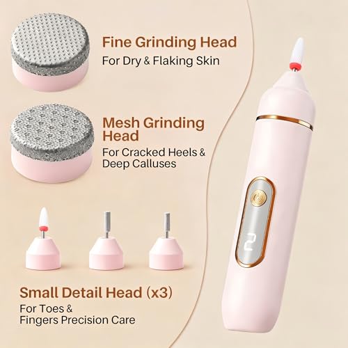 DMOPEOD Pink Electric Callus Remover for Feet, 2 Speeds & 5 Heads, Rechargeable & Washable