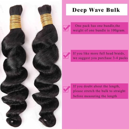 Human Braiding Hair for Boho Braids Loose Deep Wave Bulk Human Hair Knotless 100% Unprocessed Brazilian Virgin Hair Extensions for Braiding Curly Water Wave 1 Bundle No Weft 100g 20inch Natural Black