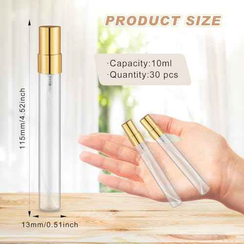 30 Pack Empty Mini Glass Spray Bottle Refillable Fine Mist Perfume Atomizer Portable Travel Sample Spray Bottles Containers For Perfume Essential Oils Cosmetics Liquid (clear bottle, 10ml)