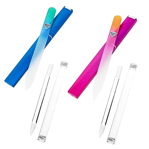 Bona Fide Beauty Czech Glass 4PC Value Bundle - 2 Clear Cuticle Pushers and 2 Glass Nail Files (Blue and Magenta)