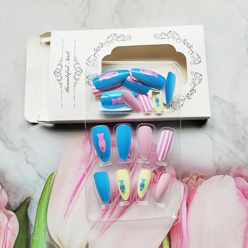 24 Pcs Summer Press On Nails - Medium Almond with Ocean Fish Design