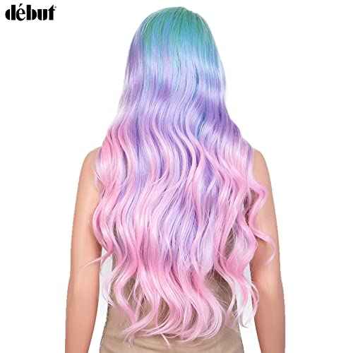 D?BUT Side Part Lace Front Wigs Colored Cosplay Synthetic Wavy Wigs Left Part Body Wave Lace Wig Heat Resistant Fiber Rainbow Color Wigs 29 Inches