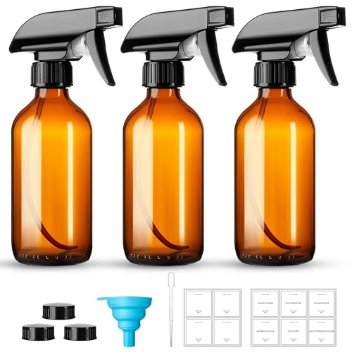 Vitreaux 8oz Amber Glass Spray Bottles, 3 Pack with Adjustable Nozzle