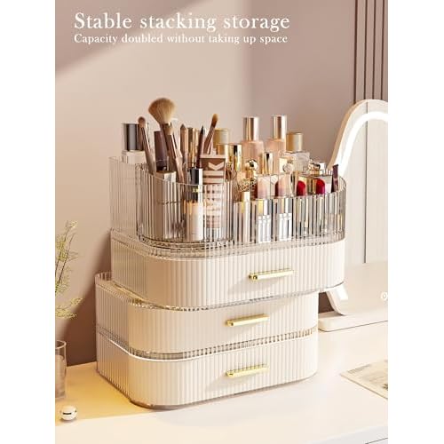 Makeup Organizer with Stackable Drawer, 360 Rotating Makeup Brush Holder, 11-inch Wide Large Cosmetic Display Case, Skincare Organizers and Storage for Vanity, Bathroom Countertop (1 Tray + 2 Drawer)