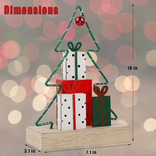 Lulu Home Christmas Tabletop Decoration, Wooden Pre-lit Christmas Tree Ornament with Green Metal Frame, Battery Operated LED Light Up Holiday Sign for Indoor Mantel Shelf Decor