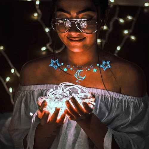 Blue Luminous Star Crescent Moon Temporary Tattoos For Women Clavicle Girls Adults Neck, 4 Sheets Sexy Lace Butterfly Planet Fake Necklace Glow In The Dark Tattoo Sticker, Night Glitter Party Supply