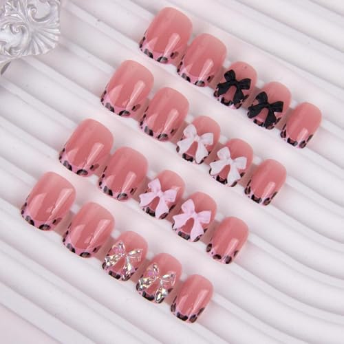 Pink French Tip Press-On Nails Set - 96Pcs Short Square with Bow