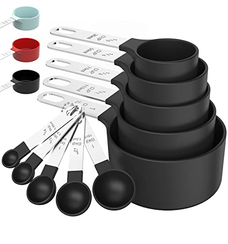 TILUCK Measuring Cups & Spoons Set, Stackable Cups and Spoons, Nesting Measure Cups with Stainless Steel Handle, Kitchen Gadgets for Cooking & Baking (Black)