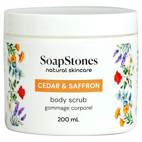 Soapstones Cedar and Saffron Exfoliating Body Scrub - 200 mL - Gentle and Soothing with Safflower Seed Oil - Woodsy, Spicy Aroma Infused Body Scrub Exfoliator