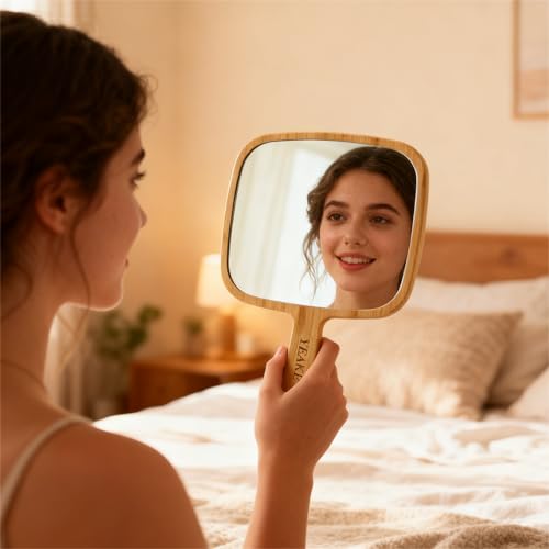 Natural Bamboo Hand Mirror with Handle - 6.9" x 9.9" Portable